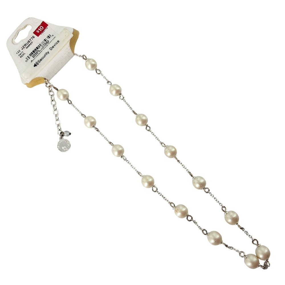 Liz Claiborne Silver Tone Faux Pearl Station Necklace Adjustable 16-19"